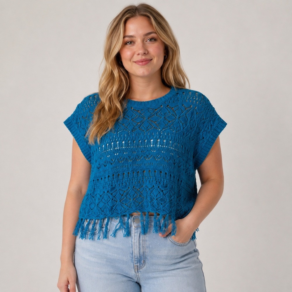 Canyon River Blues Poncho Sweater Womens L Teal Blue Open Knit Fringe Boho L(14)